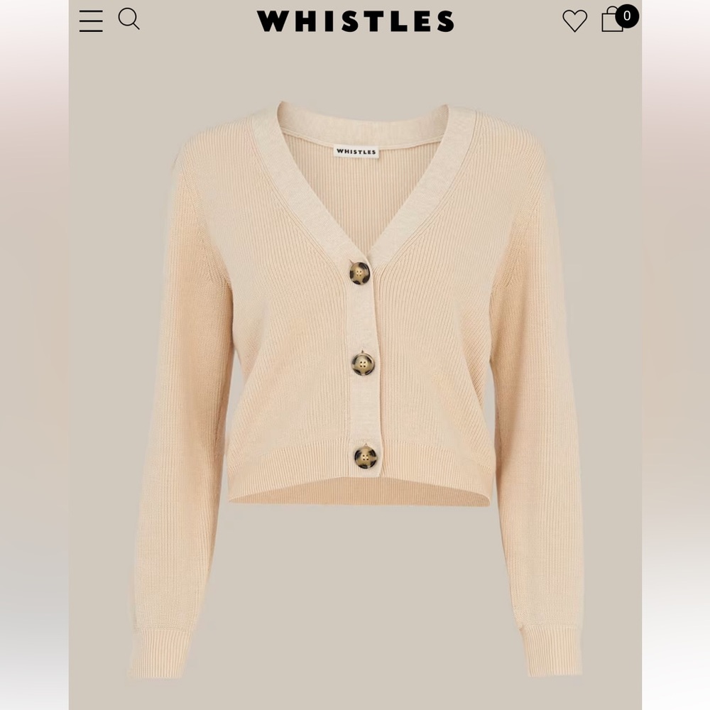Whistles Cream Ribbed V-Neck Cropped Cardigan